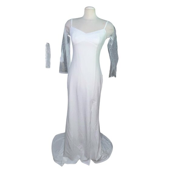 Lulus Eternally Beloved White Mesh Off-the-Shoulder Pearl Maxi Wedding Dress Sz - Picture 4 of 16